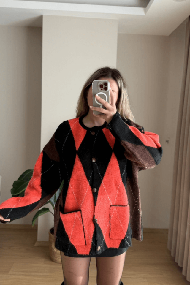 Baklava Desen Cepli Hırka - Siyah/Turuncu