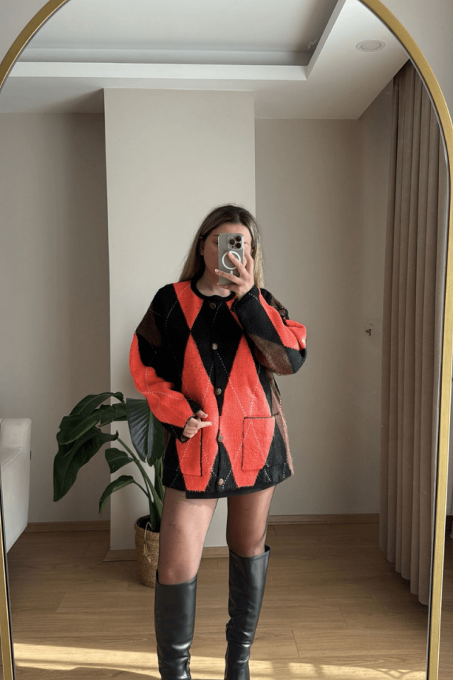 Baklava Desen Cepli Hırka - Siyah/Turuncu