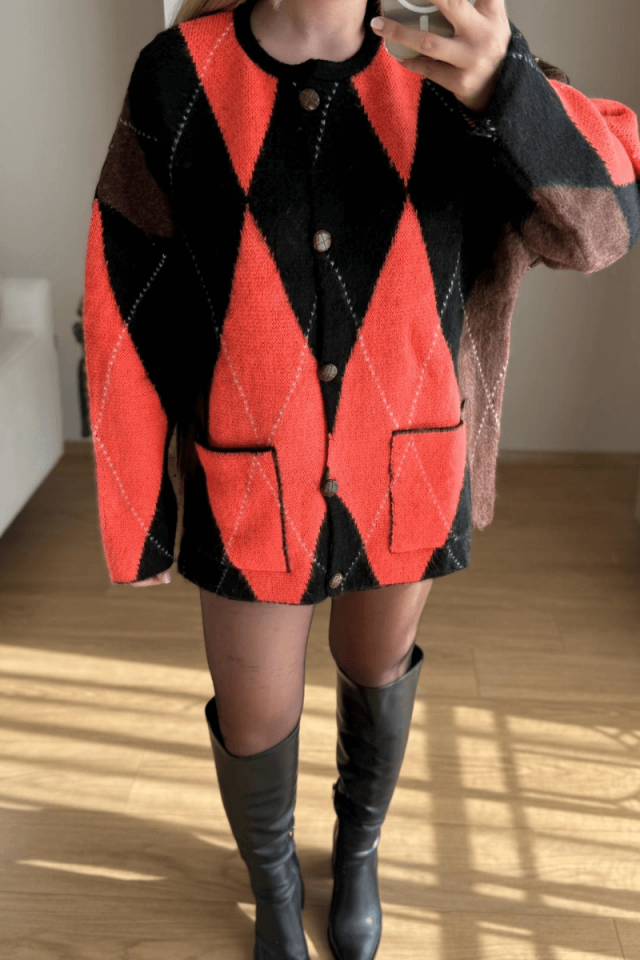 Baklava Desen Cepli Hırka - Siyah/Turuncu