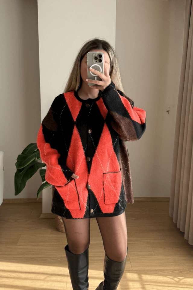 Baklava Desen Cepli Hırka - Siyah/Turuncu