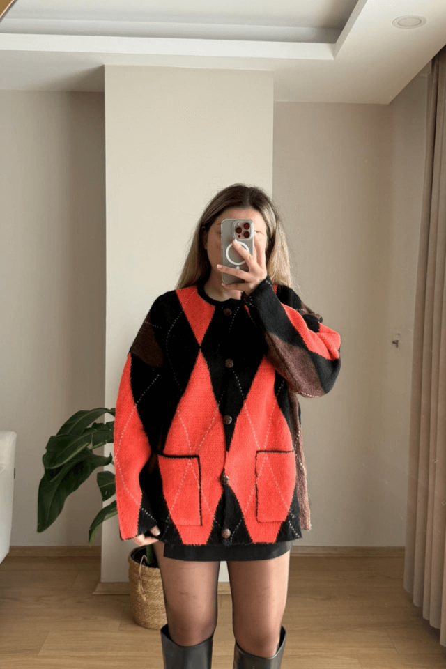 Baklava Desen Cepli Hırka - Siyah/Turuncu