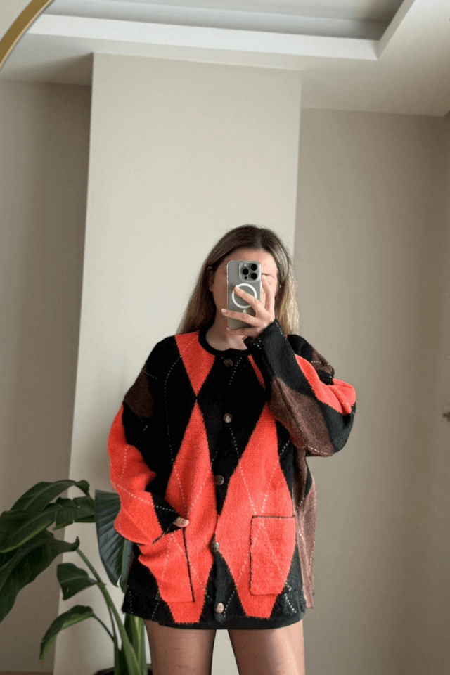 Baklava Desen Cepli Hırka - Siyah/Turuncu