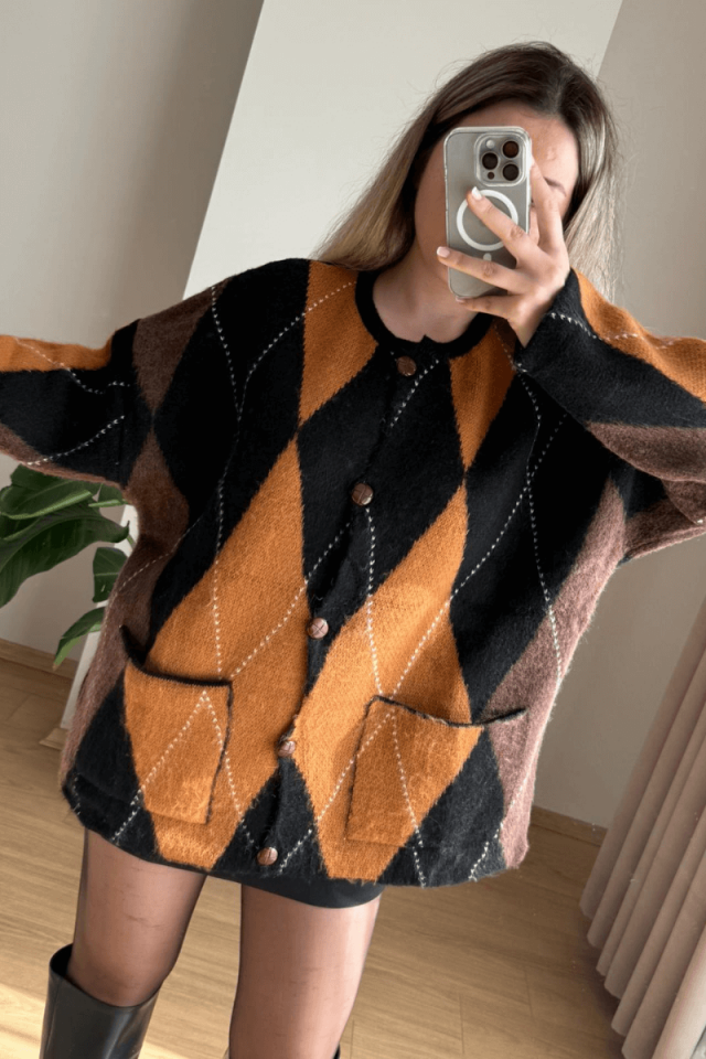 Baklava Desen Cepli Hırka - Siyah/Koyu Tarçın