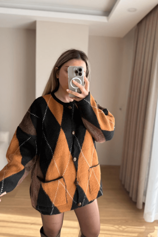 Baklava Desen Cepli Hırka - Siyah/Koyu Tarçın