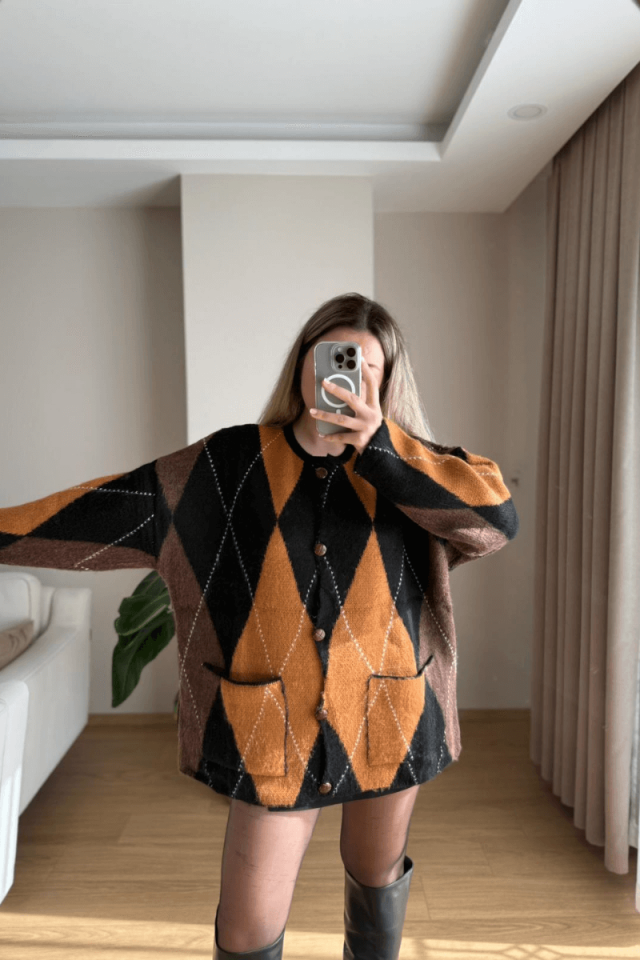 Baklava Desen Cepli Hırka - Siyah/Koyu Tarçın