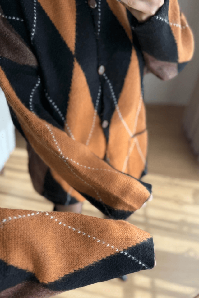 Baklava Desen Cepli Hırka - Siyah/Koyu Tarçın