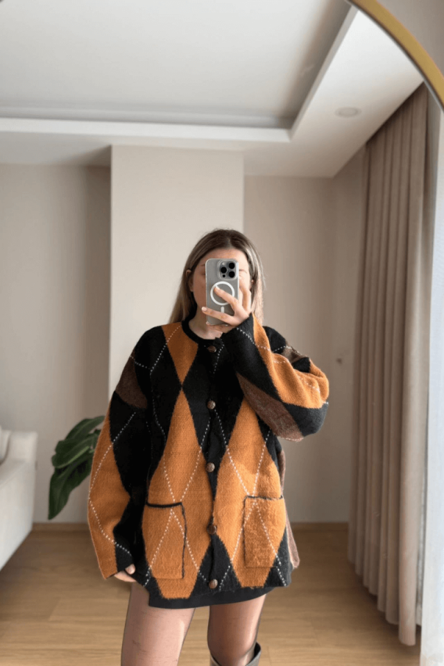 Baklava Desen Cepli Hırka - Siyah/Koyu Tarçın