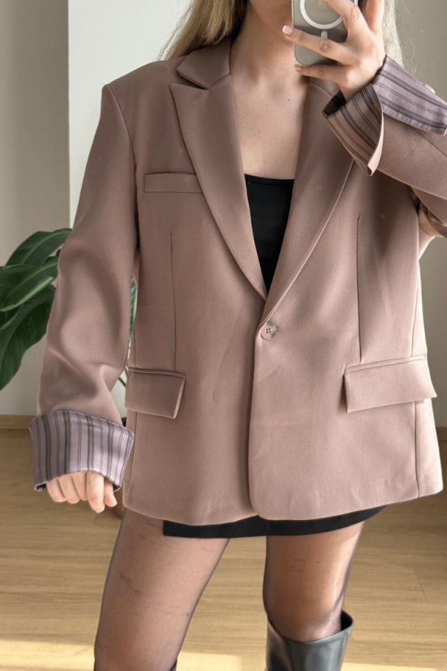 Astarı Çizgili Açık Kahve Blazer (Premium)