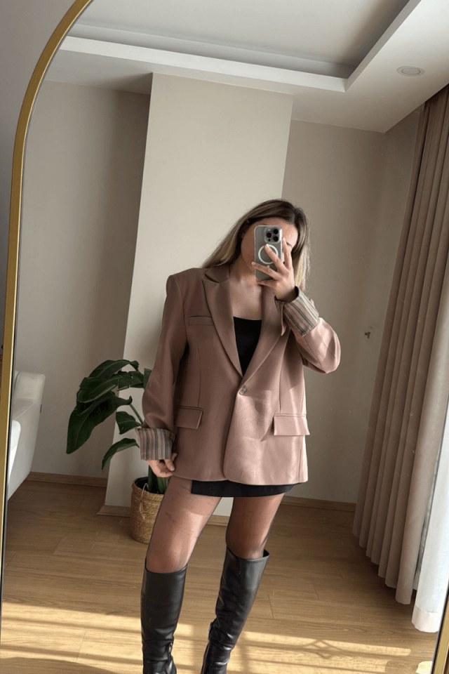 Astarı Çizgili Açık Kahve Blazer (Premium)