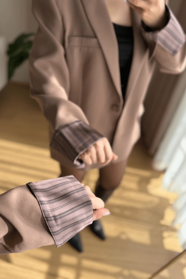 Astarı Çizgili Açık Kahve Blazer (Premium)