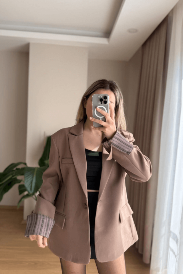 Astarı Çizgili Açık Kahve Blazer (Premium)