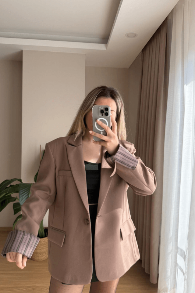 Astarı Çizgili Açık Kahve Blazer (Premium)
