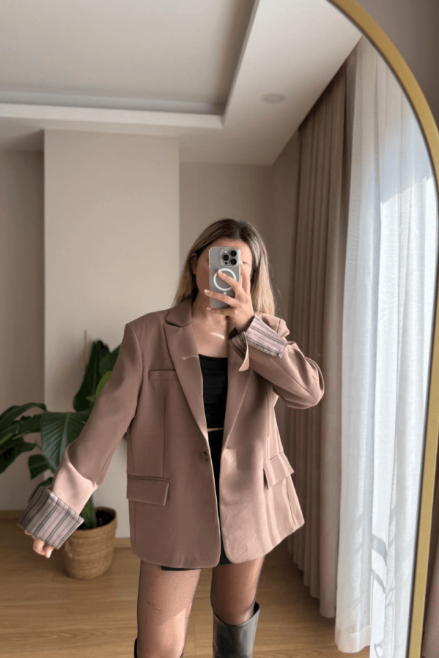 Astarı Çizgili Açık Kahve Blazer (Premium)