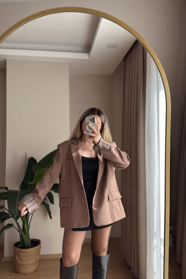 Astarı Çizgili Açık Kahve Blazer (Premium)