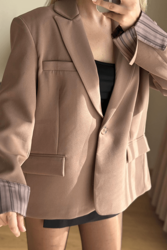 Astarı Çizgili Açık Kahve Blazer (Premium)