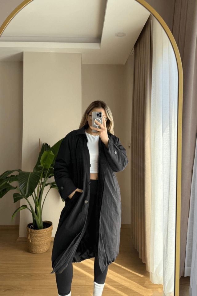 Siyah İçi Dolgulu Uzun Yağmurluk/Mont (Premium)