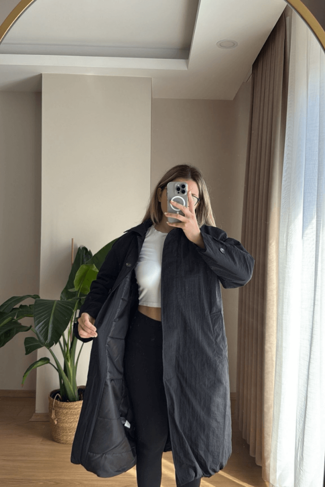 Siyah İçi Dolgulu Uzun Yağmurluk/Mont (Premium)