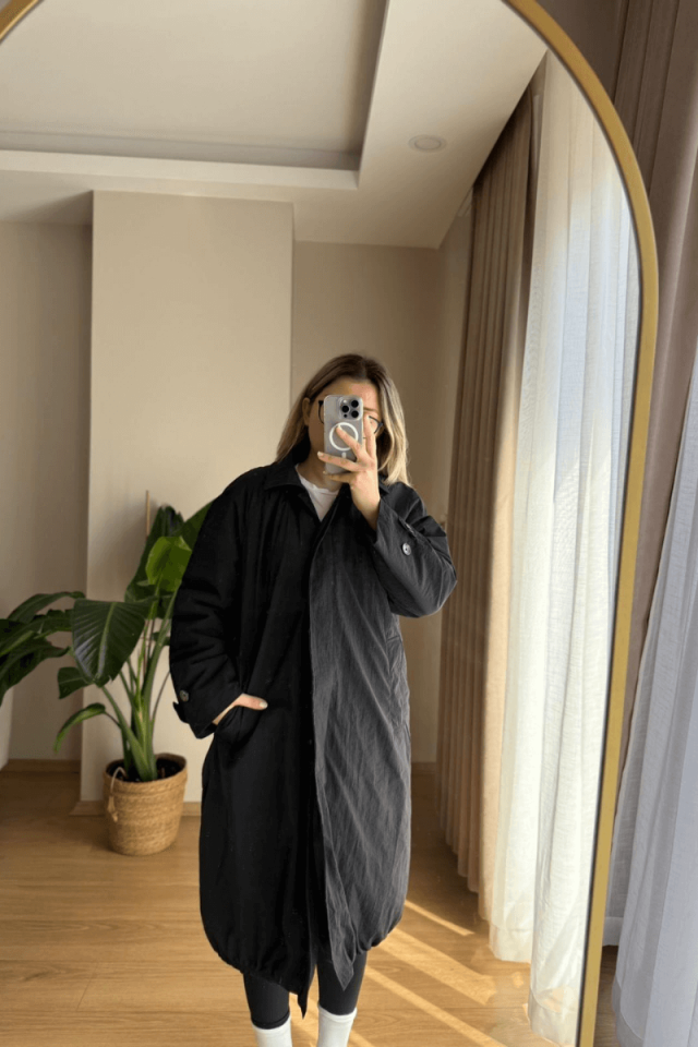 Siyah İçi Dolgulu Uzun Yağmurluk/Mont (Premium)