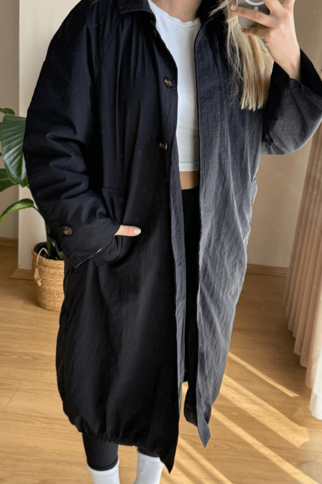Siyah İçi Dolgulu Uzun Yağmurluk/Mont (Premium)