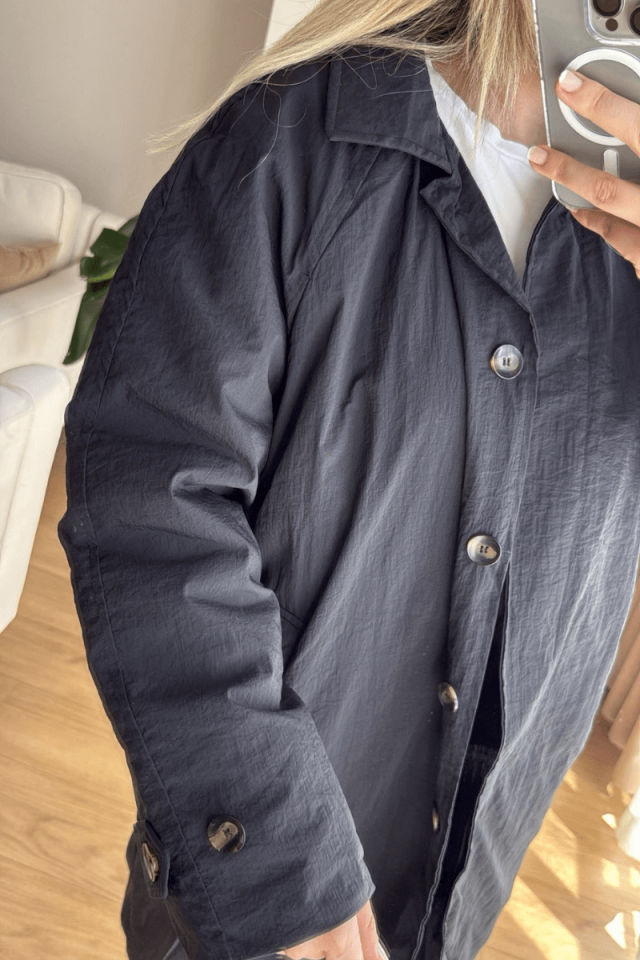 Siyah İçi Dolgulu Uzun Yağmurluk/Mont (Premium)