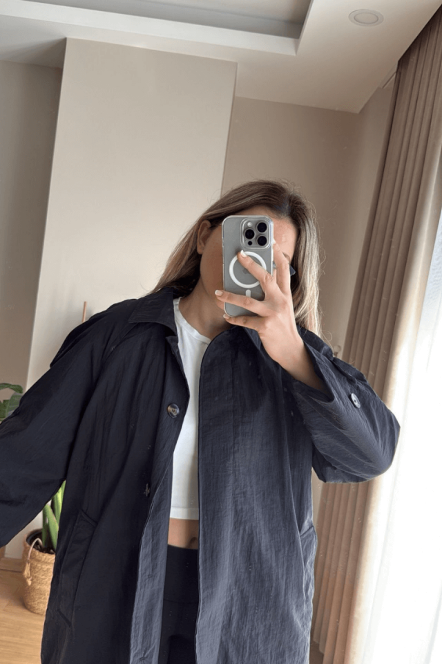 Siyah İçi Dolgulu Uzun Yağmurluk/Mont (Premium)