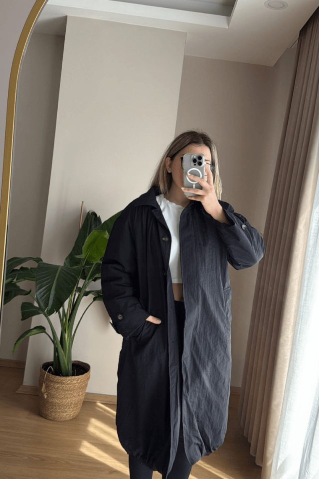 Siyah İçi Dolgulu Uzun Yağmurluk/Mont (Premium)