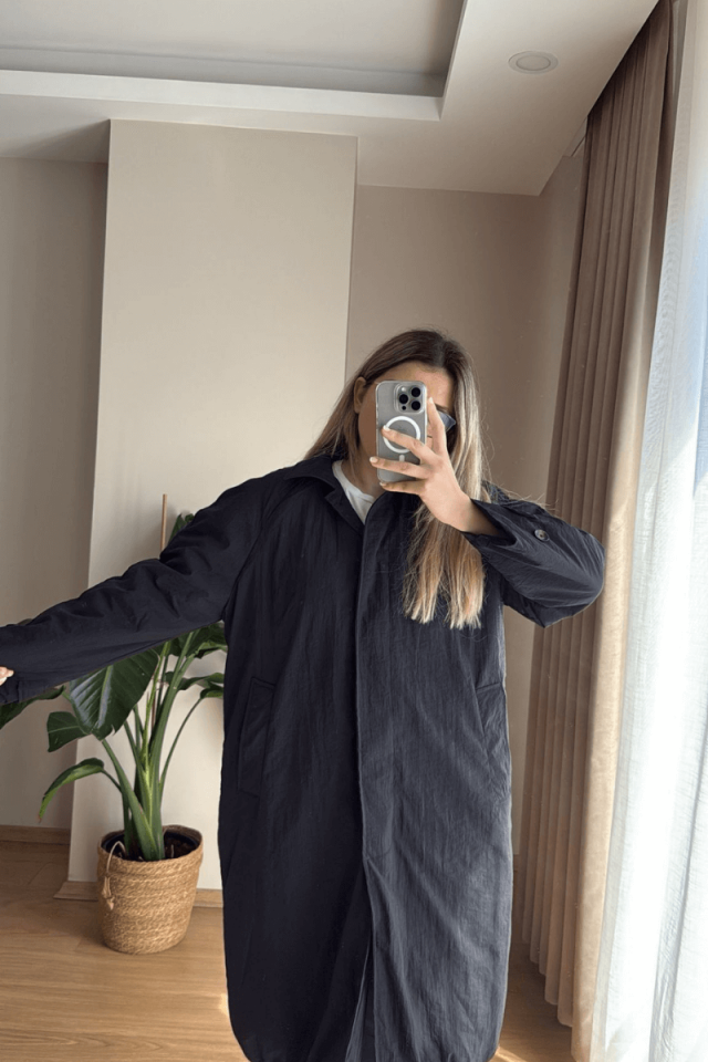 Siyah İçi Dolgulu Uzun Yağmurluk/Mont (Premium)