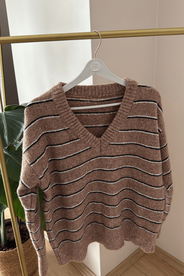 Camel V Yaka Çizgili Kazak