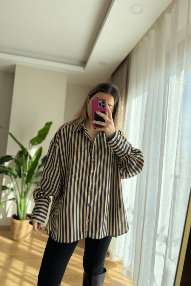 Camel-Laci Çizgili Gömlek