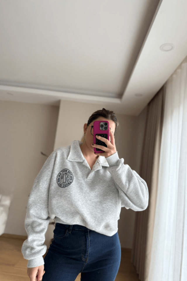 Gri Oversize V Yaka Sweatshirt