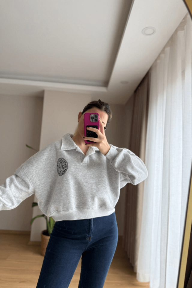 Gri Oversize V Yaka Sweatshirt