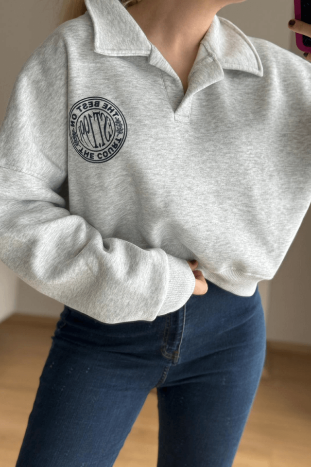 Gri Oversize V Yaka Sweatshirt