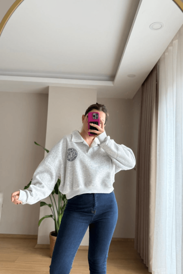 Gri Oversize V Yaka Sweatshirt