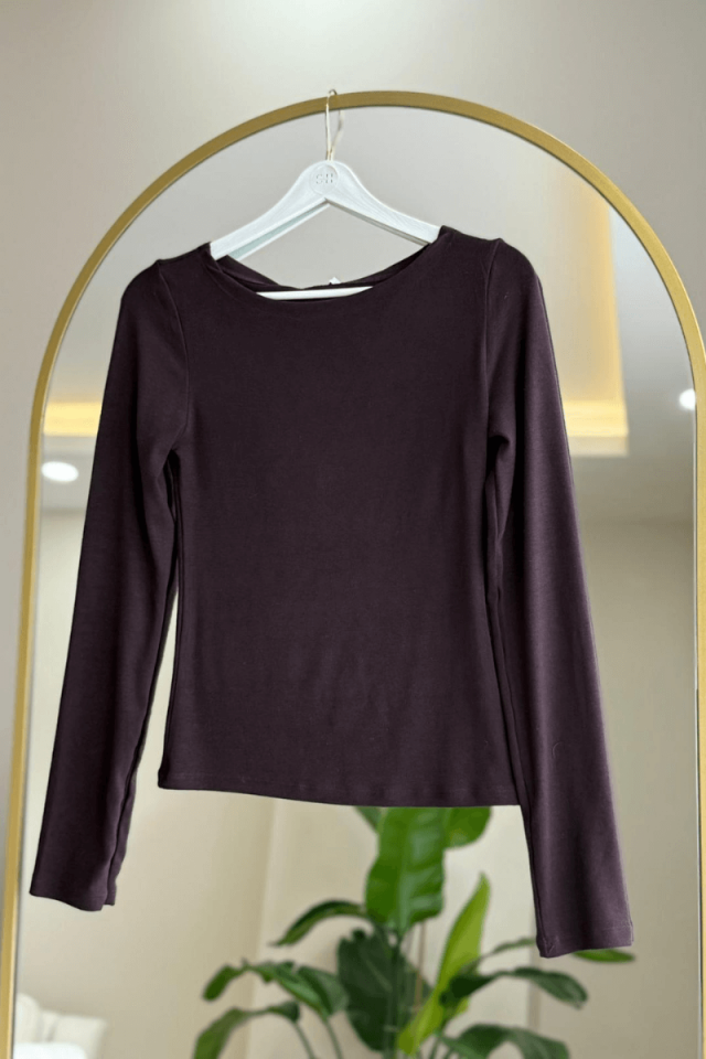 Kahverengi Kayık Yaka Bluz