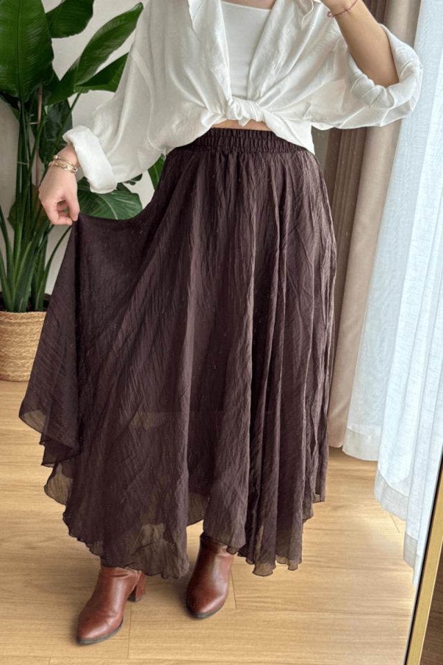 Kahverengi Beli Lastikli Asimetrik Etek