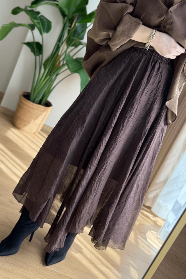 Kahverengi Beli Lastikli Asimetrik Etek