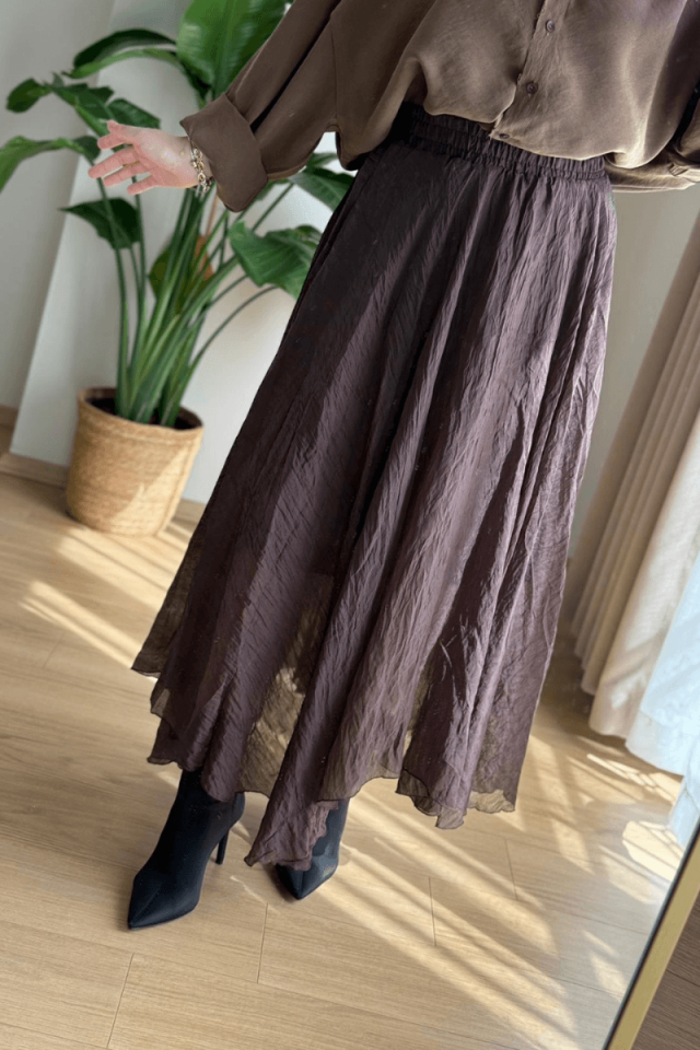 Kahverengi Beli Lastikli Asimetrik Etek