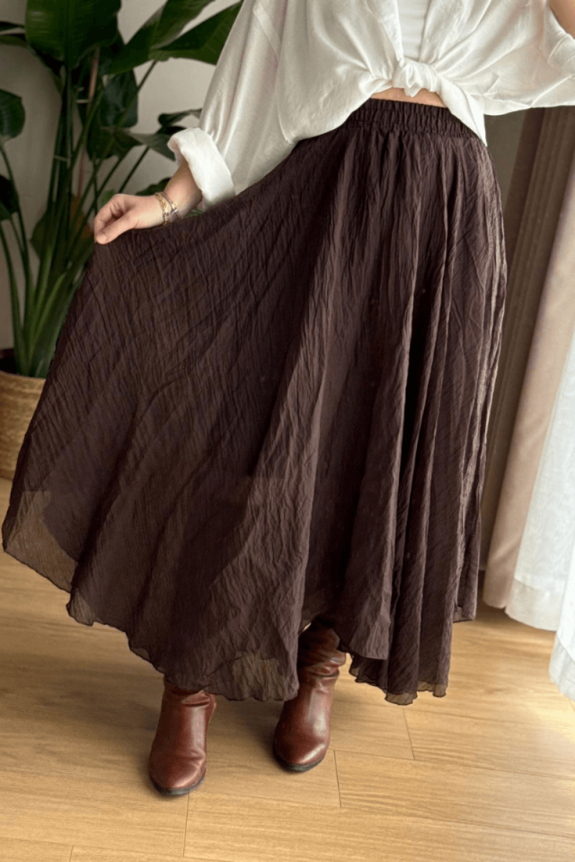 Kahverengi Beli Lastikli Asimetrik Etek