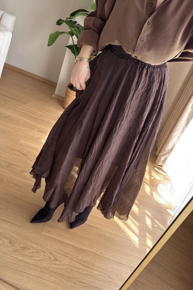 Kahverengi Beli Lastikli Asimetrik Etek