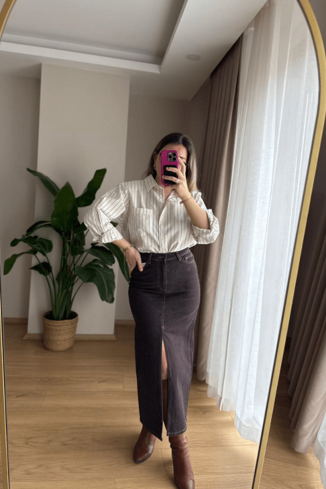 Ekru Siyah Çizgili Gömlek (Vatkalı)