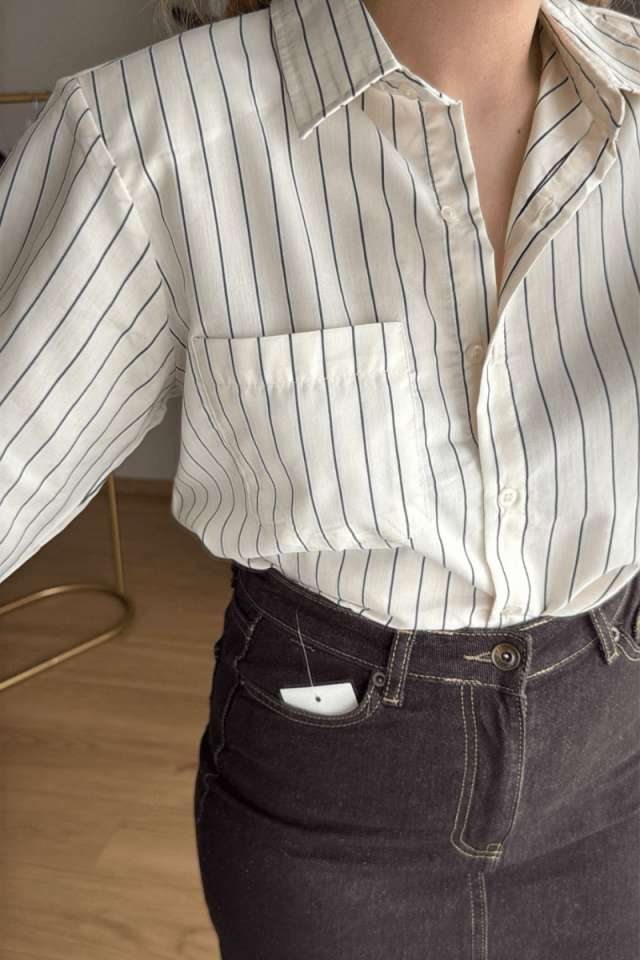 Ekru Siyah Çizgili Gömlek (Vatkalı)