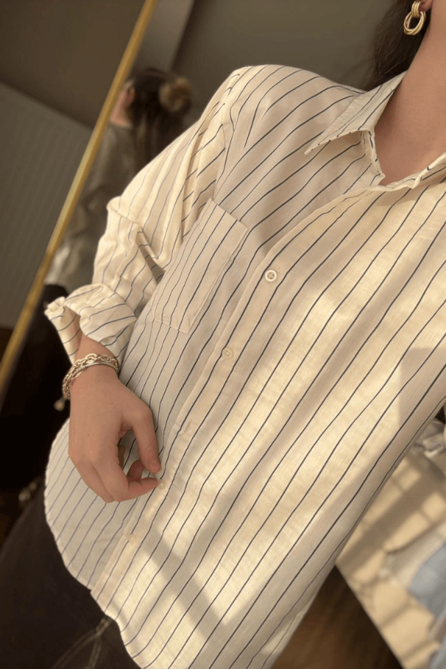 Ekru Siyah Çizgili Gömlek (Vatkalı)