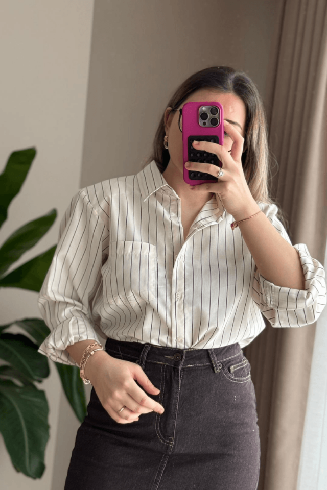 Ekru Siyah Çizgili Gömlek (Vatkalı)