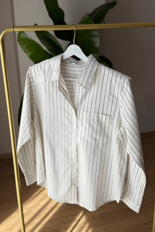 Ekru Siyah Çizgili Gömlek (Vatkalı)