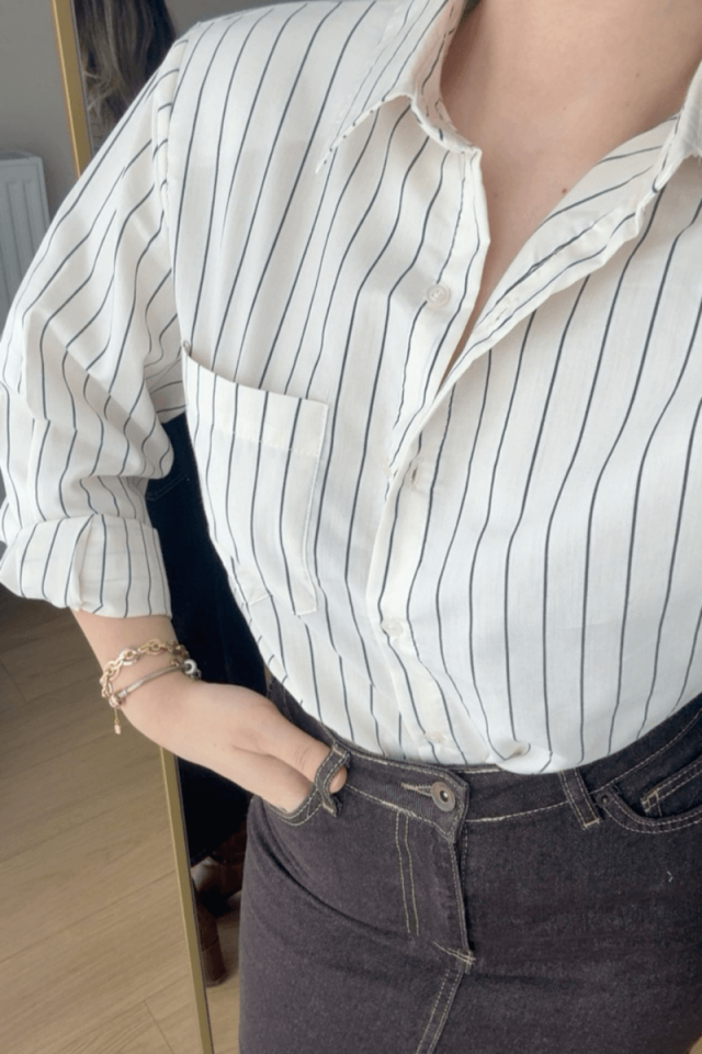 Ekru Siyah Çizgili Gömlek (Vatkalı)