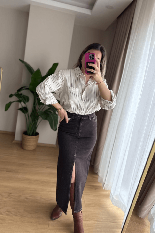 Ekru Siyah Çizgili Gömlek (Vatkalı)