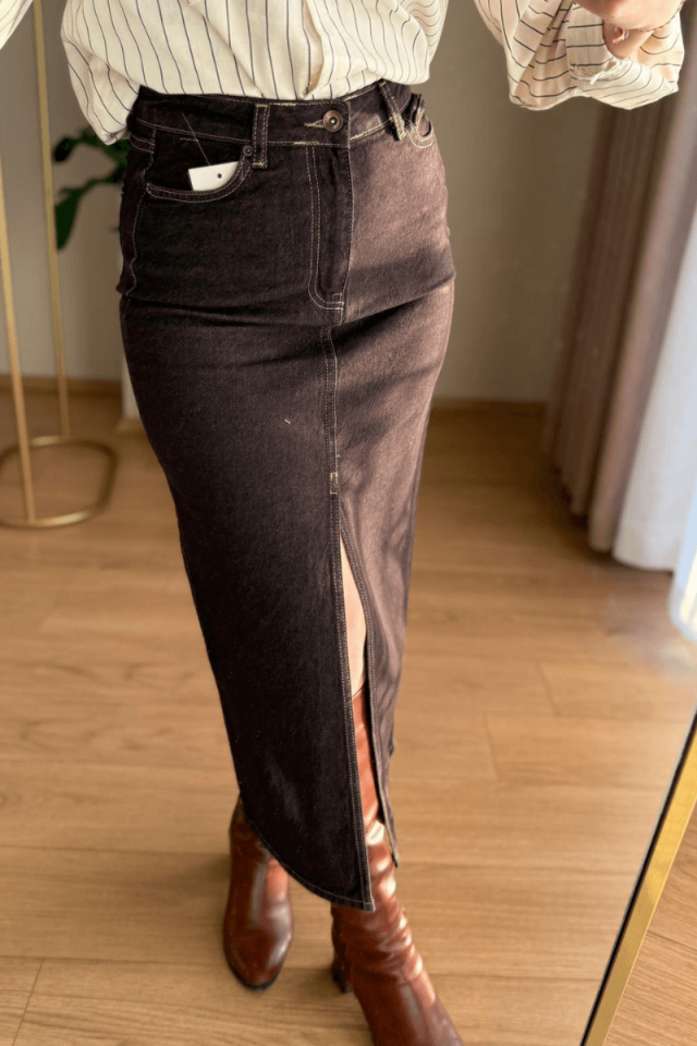 Kahve Önden Yırtmaçlı Uzun Kot Etek