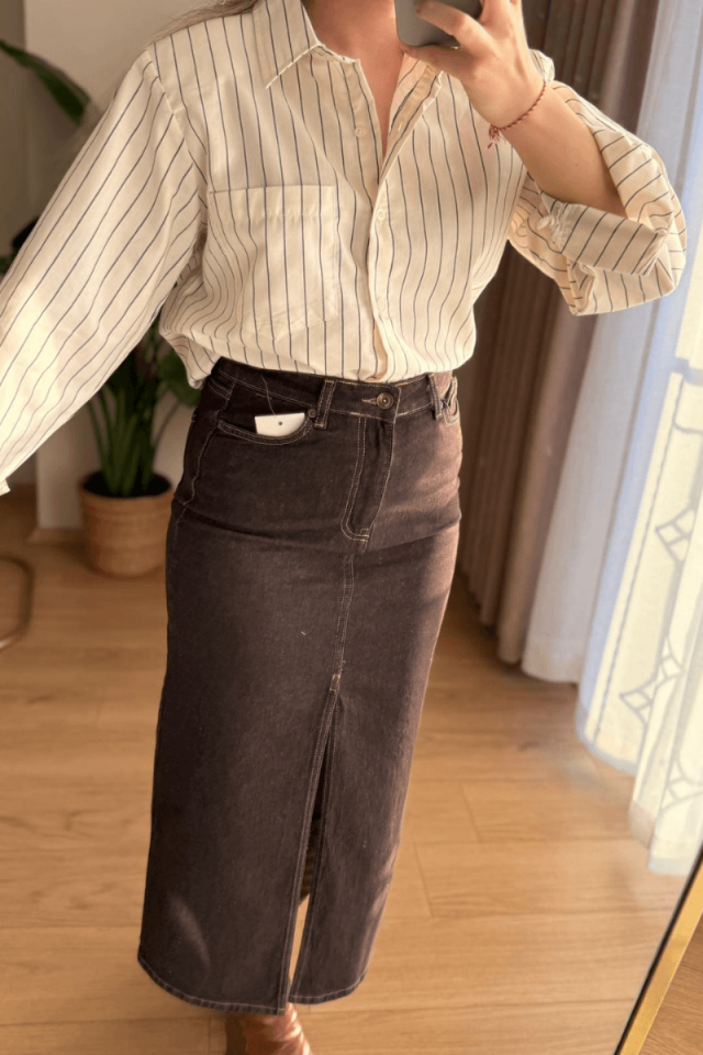 Kahve Önden Yırtmaçlı Uzun Kot Etek