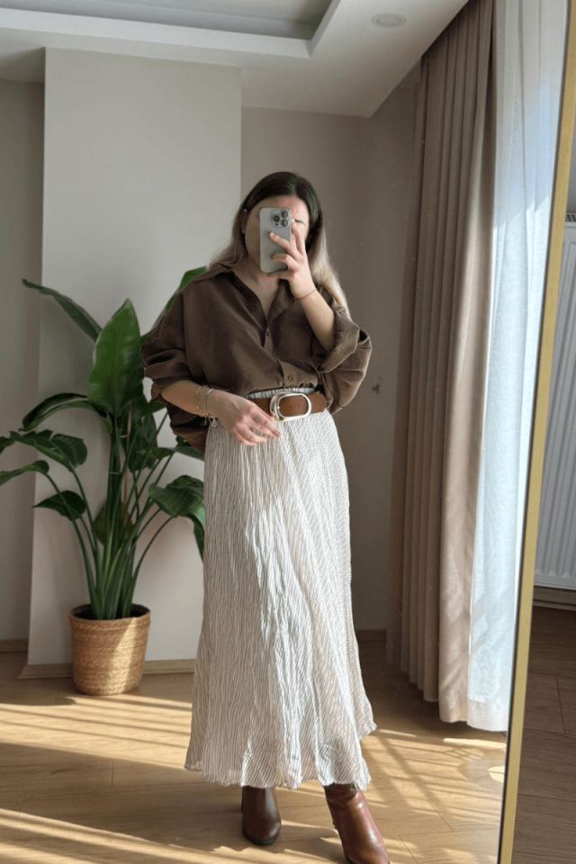 Kemerli Kahve Çizgili Etek (Astarlı)