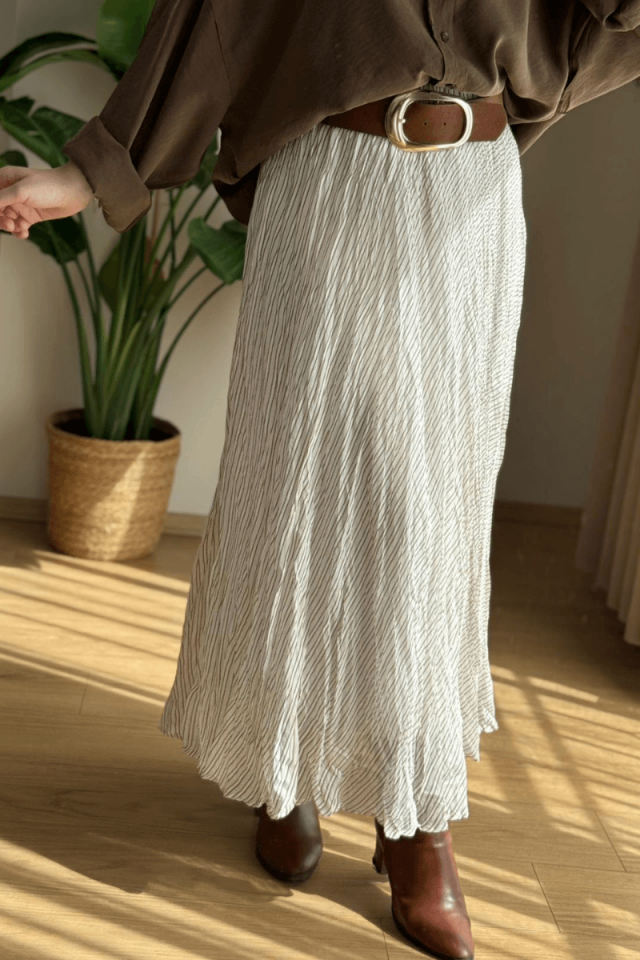 Kemerli Kahve Çizgili Etek (Astarlı)